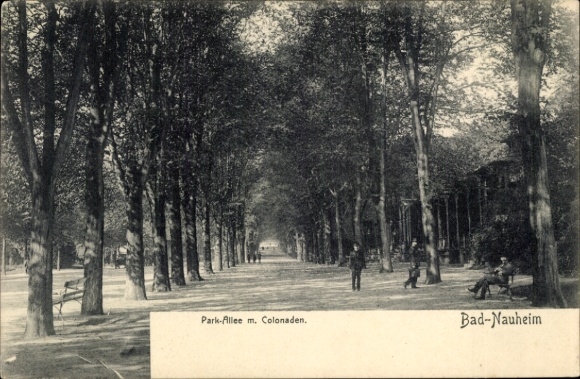 Postcard Bad Nauheim in Hesse, park avenue with colonnades, trees, walkers, bench