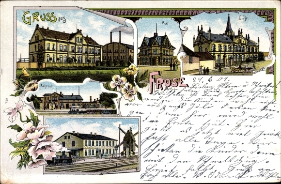 litho Frose in Anhalt, treinstation, Gasthof Glück auf, Post, Stift