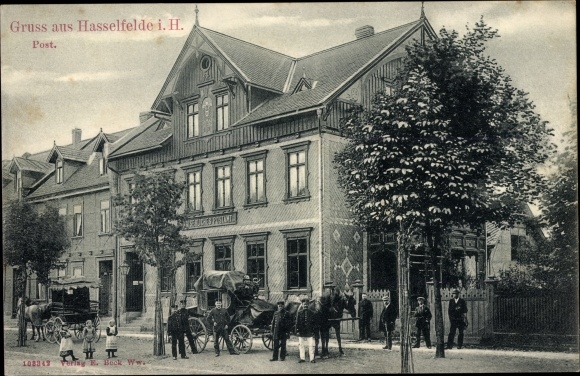 Ak Hasselfelde Oberharz am Brocken, koets voor het keizerlijke postkantoor