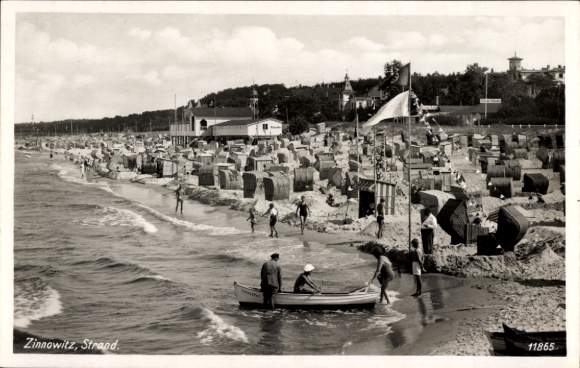 Postcard Ostseebad Zinnowitz on Usedom, view of the beach of Zinnowitz with many bathers, a...