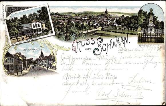 Chromo-Litho Schwaan in Mecklenburg, society house Lindenbruch, bridge road, war memorial