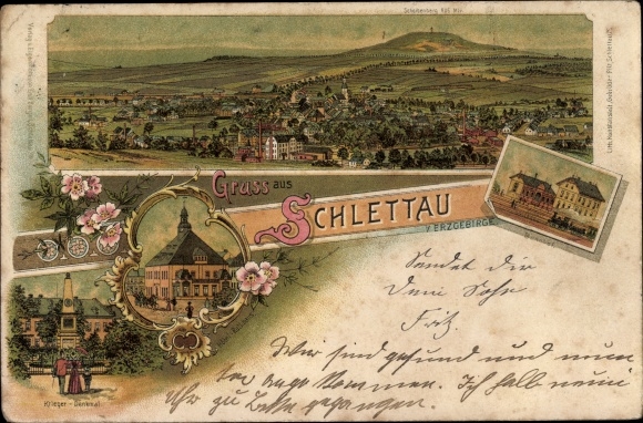Litho Schlettau in het Ertsgebergte, gezicht op de stad, stadhuis, oorlogsmonument