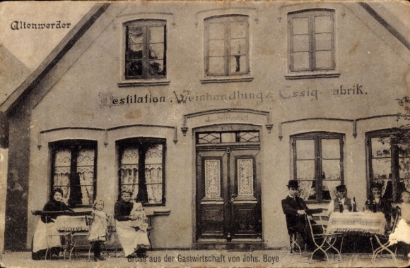 Postcard Hamburg Harburg Altenwerder, Johs. Boye Inn, Distillery, Wine Shop, Vinegar Factory