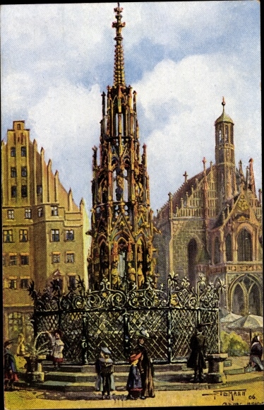 Artist PC Nuremberg in Middle Franconia, beautiful fountain with Frauenkirche