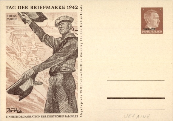 Postwaardestuk kunstenaarsbriefkaart Axster Heudtlaß, Postzegeldag 1942, Marine