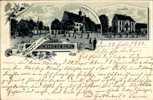 Mondschein Litho Bad Schmiedeberg in der Dübener Heide, Villa Moltke, Badehaus, Rathaus