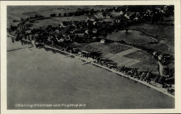 Postcard Chieming am Chiemsee Upper Bavaria, aerial view of Lake Chiemsee, surroundings with fields and buildings