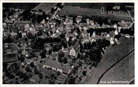 Postcard Mittelbiberach in Upper Swabia, aerial photograph, residential buildings, trees, landscape