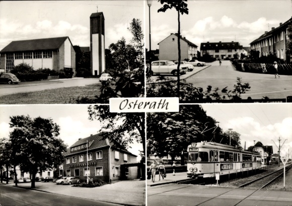Postcard Osterath Meerbusch on the Lower Rhine, partial views, church, tram
