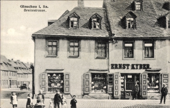 Postcard Glauchau in Saxony, Breite Straße, shop of Ernst Kyber