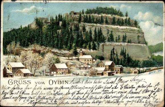 Artist Chromo-Litho Georgi, Oybin in Saxony, Oybin mountain, snow, winter