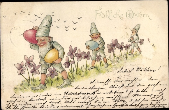 Litho Glückwunsch Ostern, Zwerge mit Ostereiern, Veilchen