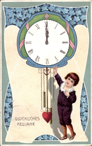Embossed PC Happy New Year, clock, pendulum with heart, child, forget-me-not