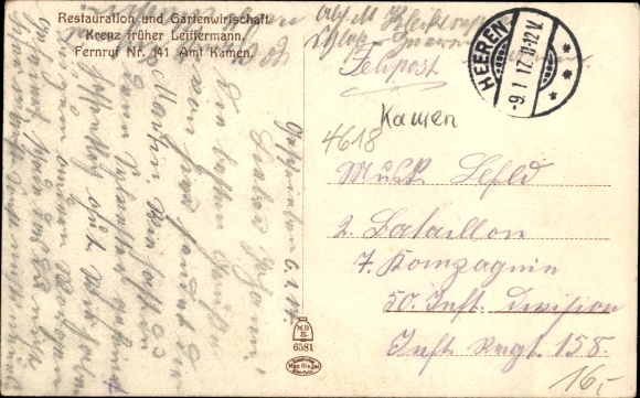 Postcard Heeren Kamen in Westphalia, restoration Krenz, formerly Leiffermann