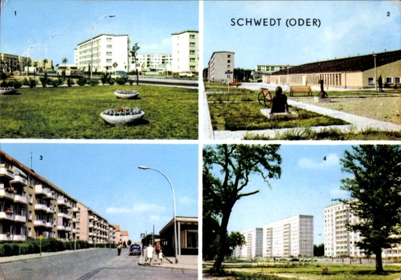 Postcard Schwedt an der Oder, Julian Marchlewski Ring, Sports Hall, Ernst Thälmann Street, Leninallee