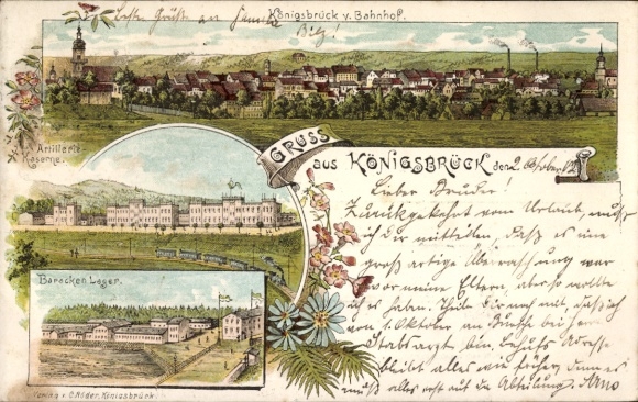 Chromo-Litho Königsbrück in Upper Lusatia, artillery barracks, barracks camp, panorama from the train station