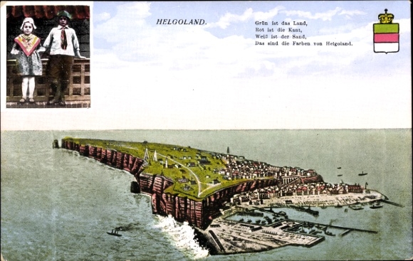 Postcard North Sea island Heligoland, general view, bird's eye view, children in typical costume
