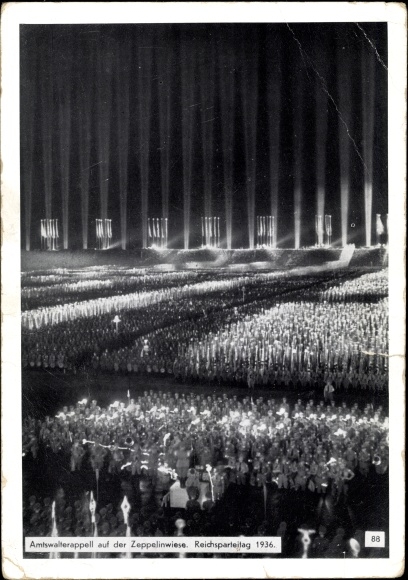 Postcard Nuremberg, Reich Party Rally 1936, Official Roll Call on the Zeppelin Meadow at Night, Dome of Light