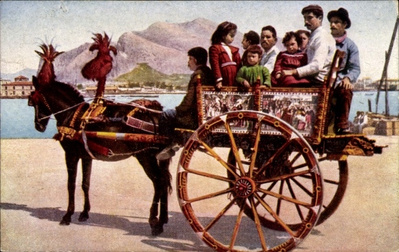 Postcard group in Italian costume on a carriage