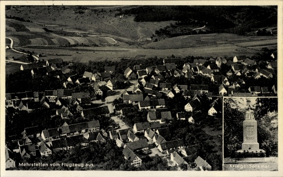 Ak Mehrstetten Schwäbische Alb Württemberg, Fliegeraufnahme, Kriegerdenkmal
