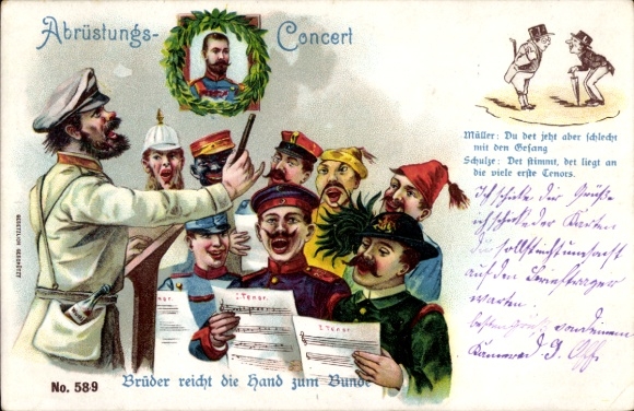 Litho Abrüstungskonzert, Russischer Soldat als Dirigent,Zar Nikolaus II.,Karikatur,Japaner,Italiener