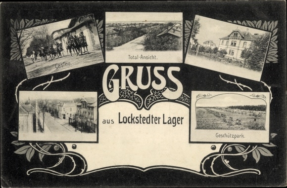 Postcard Lockstedt in Schleswig Holstein, Lockstedter camp, casino, long view, gun park