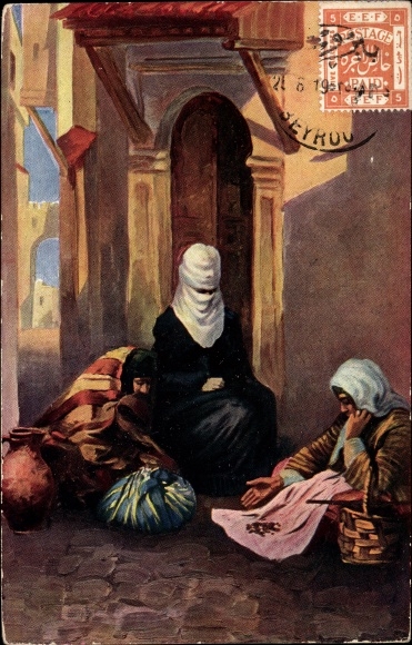 Postcard Fortune Teller, Veiled Woman, Cards
