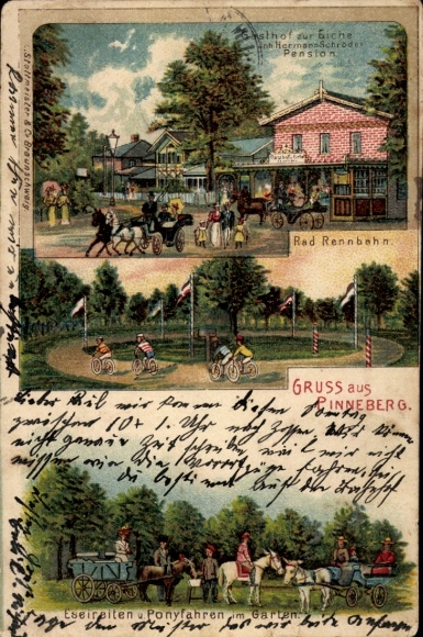 Litho Pinneberg in Holstein, Radrennbahn, Eselreiten, Gasthof zur Eiche