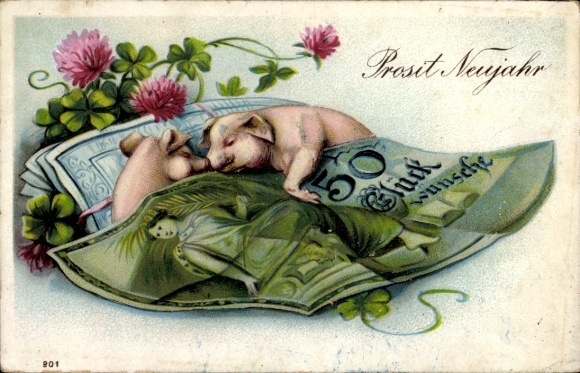 Präge Ak Glückwunsch Neujahr, Glücksschweine, Banknoten, Geldscheine, 50 Reichsmark