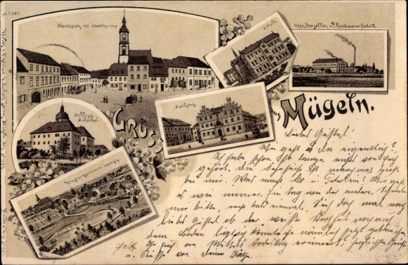 Chromo-Litho Mügeln in Saxony, market square, town church, castle, town hall, school, factory