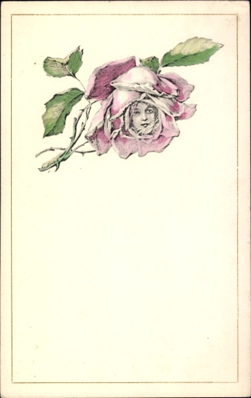 Art Nouveau Postcard portrait of a Woman in a Rose Blossom