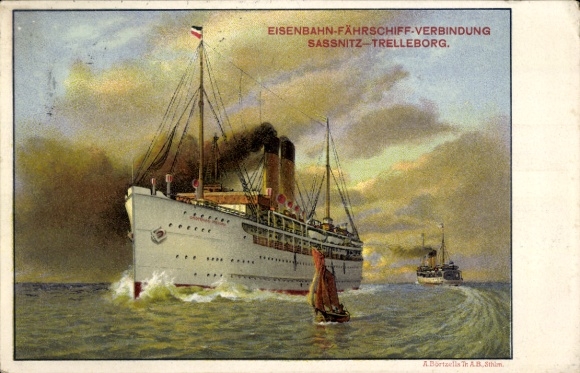 Künstler Ak Eisenbahn-Fährschiff, Verbindung Sassnitz-Trelleborg