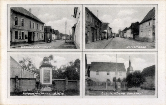 Postcard Kölleda in Thuringia, Gasthof Bernsdorf, Dorfstraße, war memorial, school, church, monument