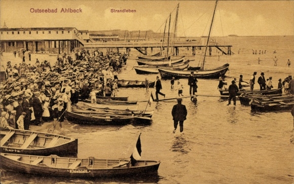 Postcard Ostseebad Ahlbeck on Usedom, Baltic Sea resort beach life, many people on the beach, boats