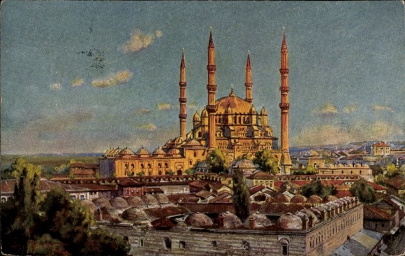 Artist Postcard Moralt, Willy, Edirne Andrinople Adrianople Türkiye, mosque, Enver Pasha