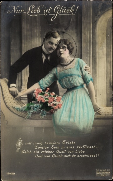 Postcard man and woman, only love is happiness, prisoner of war camp Tengern