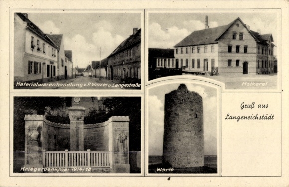 Ak Langeneichstädt Mücheln im Geiseltal, ijzerhandel, zuivelfabriek, oorlogsmonument, uitkijk