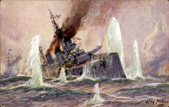 Artist Postcard Stöwer, Willy, Naval Battle North Sea 1915, English Battlecruiser, German Cruisers