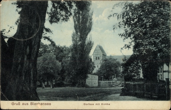 Ak Blankensee Trebbin, dorpsweide met uitzicht op de kerk