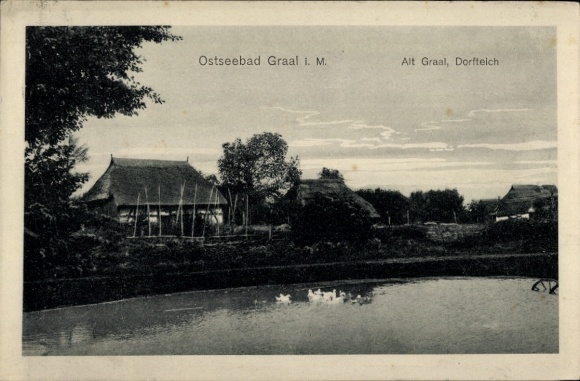 Postcard Ostseebad Müritz Graal-Müritz, beautiful village pond, Alt Graal, Baltic Sea resort, characteristic buildings