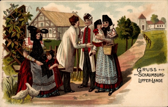 Chromo-Litho Schaumburger Lipper Lande, family in Schaumburger costumes, farm