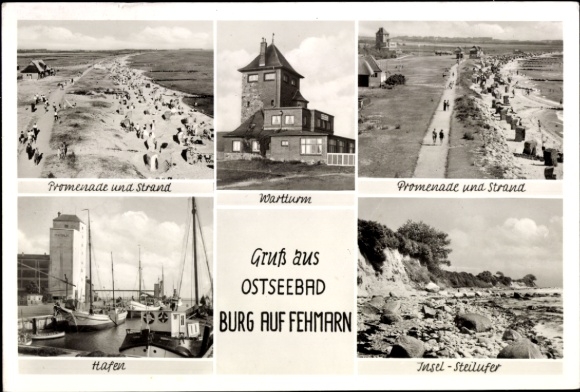 Zamek KP na wyspie Fehmarn, promenada i plaża, wieża strażnicza, port, wyspa - stromy brzeg, pozdrowienia z