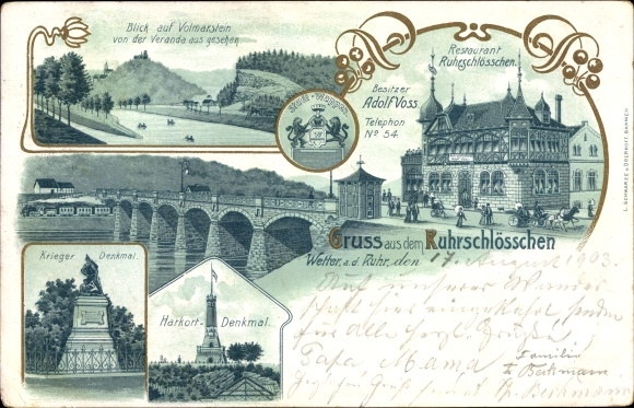 Chromo-Litho Wetter on the Ruhr in the Ennepe Ruhr district, view of Volmarstein, Restaurant Ruhrschlösschen