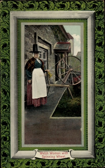 Passepartout Postcard Welsh woman with spinning wheel