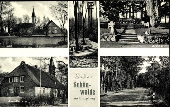 Postcard Schönwalde am Bungsberg in Ostholstein, church, memorial, Milky Way, youth hostel