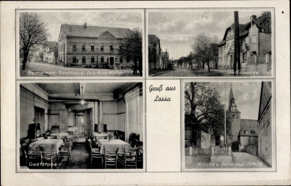 Ak Lossa auf der Finne Burgenlandkreis, Gemeinde-Gasthaus, Dorfstraße, Kirche, Denkmal