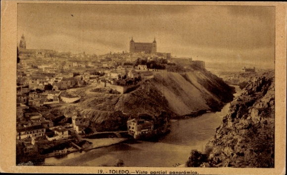 Postcard Toledo Castile La Mancha Spain, panoramic view of river, cityscape, building