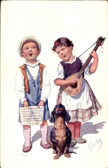 Künstler Ak Feiertag,K., Gesangsterzett, Dackel, Mandoline
