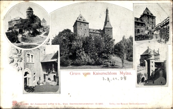 Ak Mylau Reichenbach im Vogtland, Ansichten vom Kaiserschloss, Blüte und Hagebutten