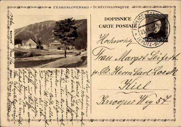 Postal stationery Postcard Krkonoše, Giant Mountains, Czechoslovakia, landscape panorama, lodge